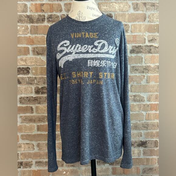 Superdry Sweater Mens Large Gray Logo Crewneck fall winter layering lightweight - Picture 2 of 10